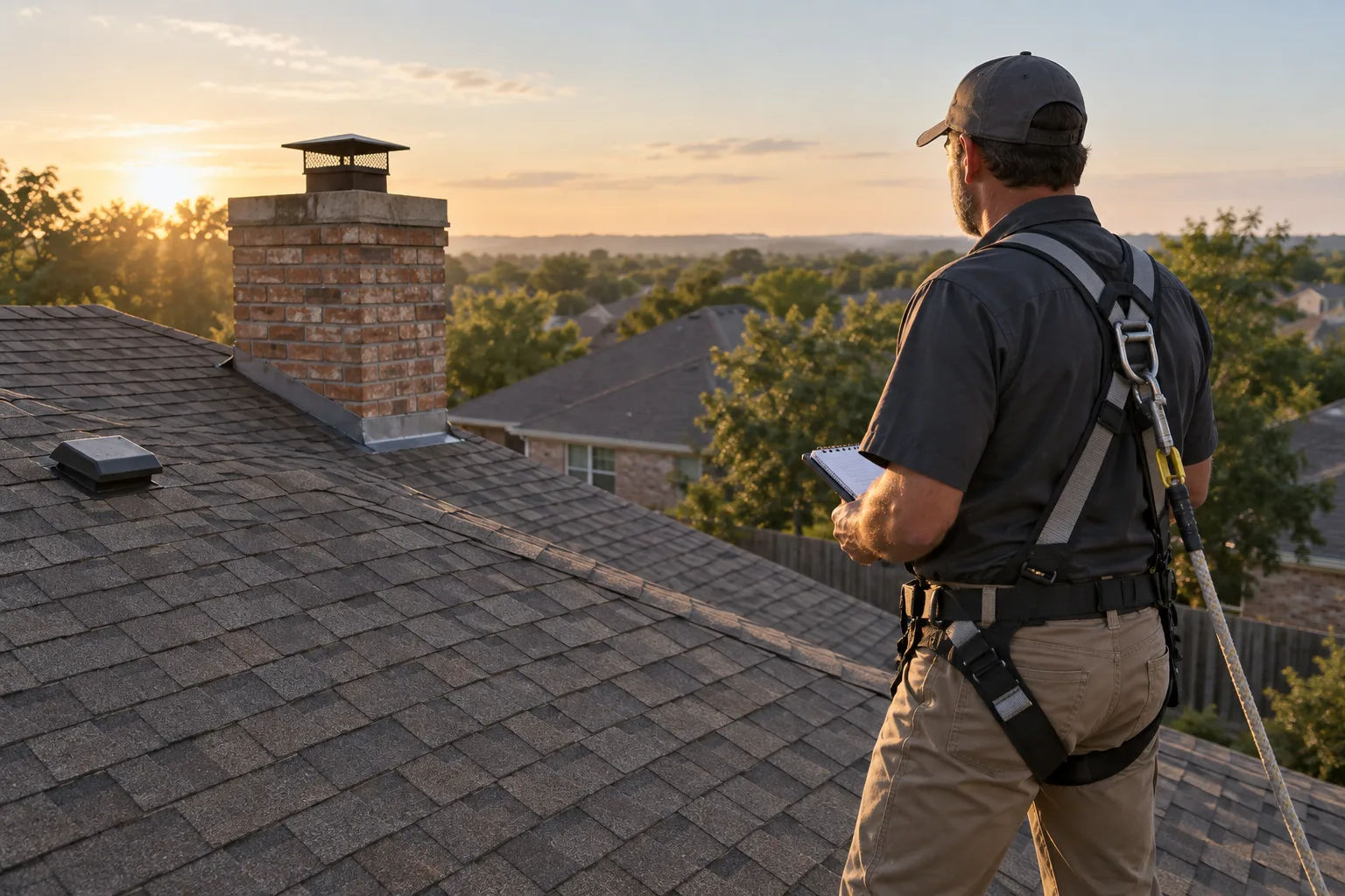 A backlit roofer with an inspection notebook looks across an existing shingle roof and brick chimney