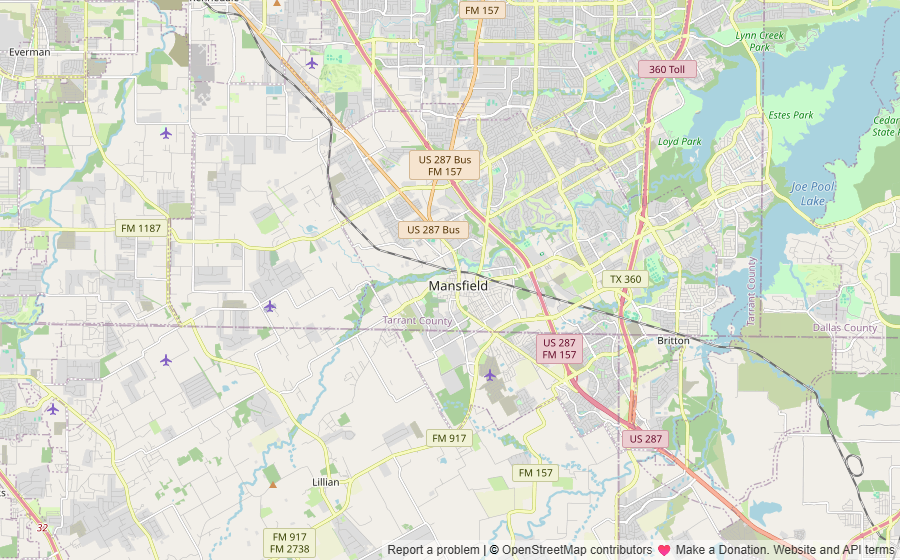 Street map showing Mansfield, US 287, Highway 360 and the surrounding area near Joe Pool Lake